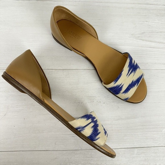 J. Crew Peep Toe Flats Slip On Sandals Women Size‎ 9 Ikat Print Blue Brown - Picture 2 of 12